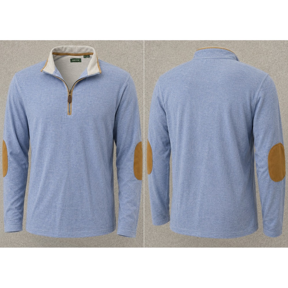 Orvis Sweater Mens Large Blue Quarter Zip Leather Elbow Patch Pique Grandpacore